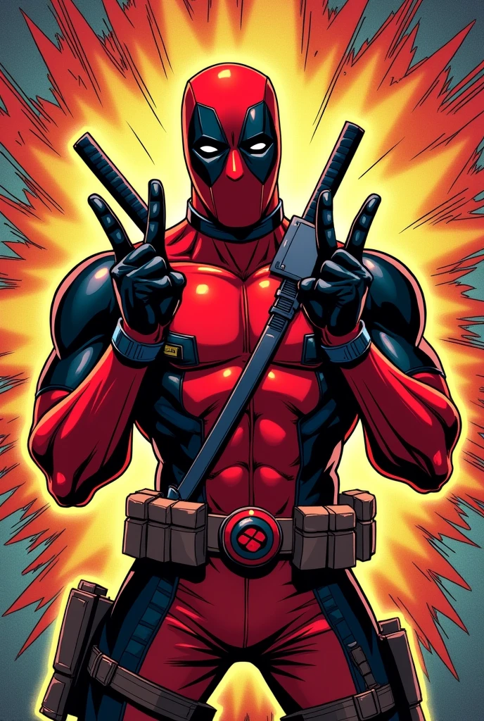 Marvel panel comic drawing, Deadpool posing with peace sign on his fingers