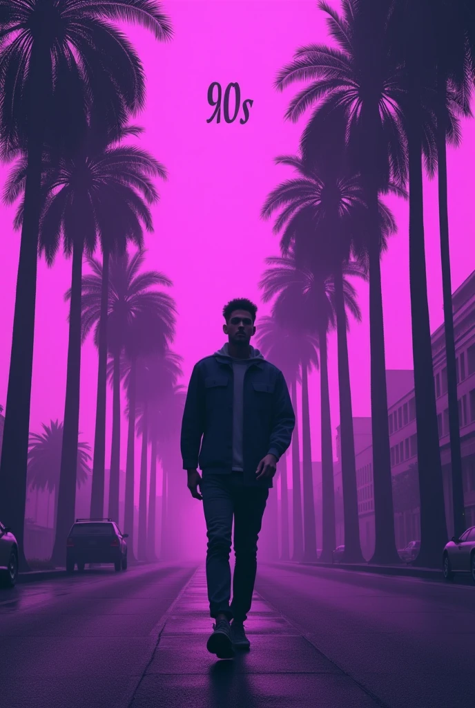 Male human figure as if it were a shadow walking through Los Angeles 1995 between palm trees with a purple vaporwave background and above it says 90s