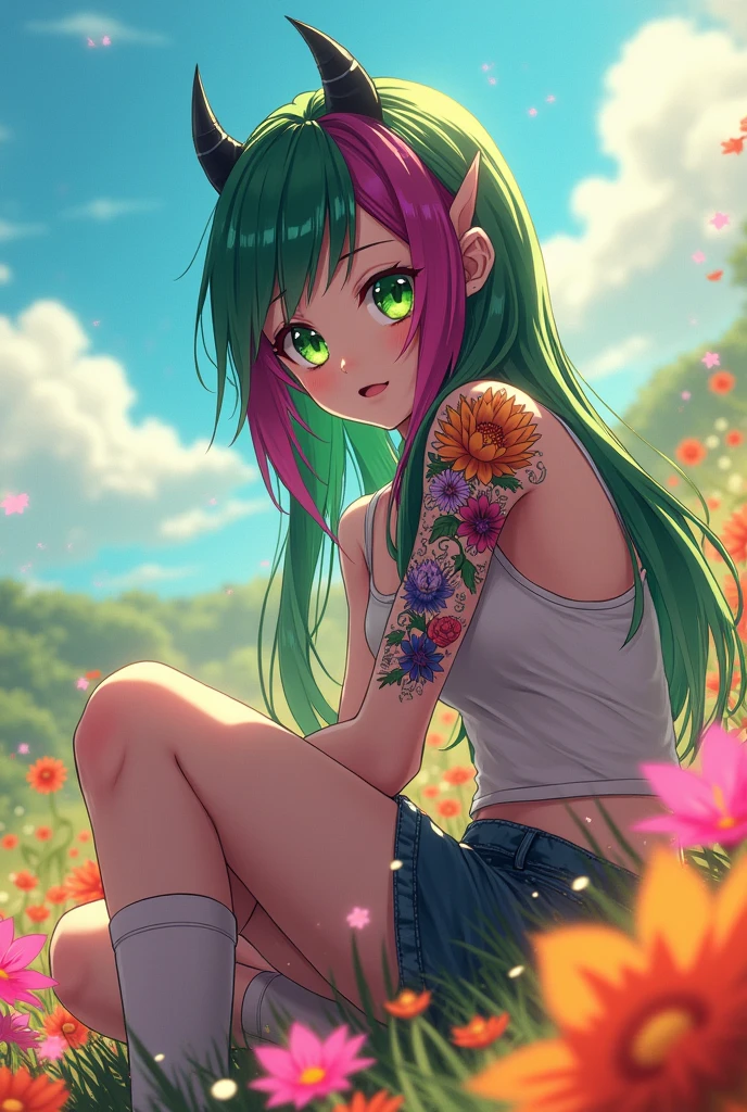 Screenshot of my hero academia,18 year old girl with long hair, half green and strong magenta,bright lime green slanted eyes,two black devil horns,a large flower tattoo on the shoulder,wear loose clothing,She is sitting in a field of bright flowers, Whole body, reflect the light on their face,shine surrounds her,horikoshi style drawing,High quality