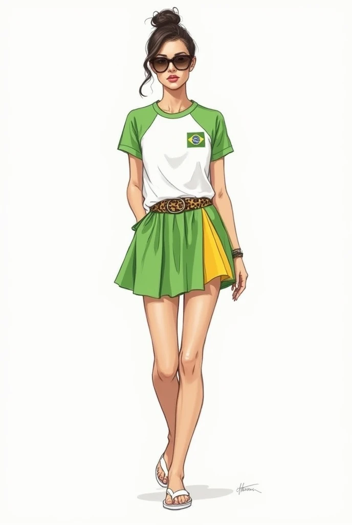 I would like a women&#39;s fashion sketch. I want a white baby tee with matcha green details on the shoulders and sleeves forming a gradient on the blouse with the white part. I still want a small Brazilian flag on the top left of the baby tee..
I would like a short pleated skirt in matcha green with a yellow hem.. I also want a leopard print belt and white flip flops on my feet..