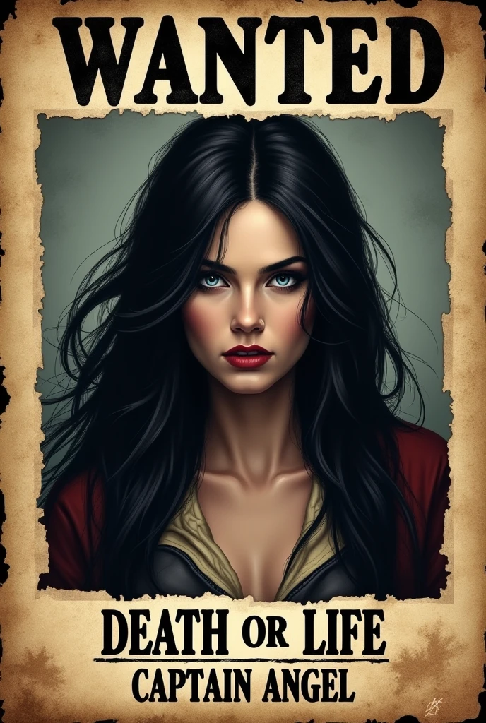 Make a wanted poster for a female pirate captain, black haired with a cash reward, and add silver eyes to the captain. Add writing "Death or Life" below, it's the name "Captain Angel"