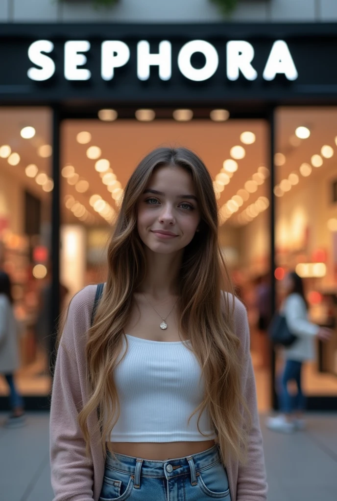 A 17 year old girl taking a selfie in front of Sephora without her phone