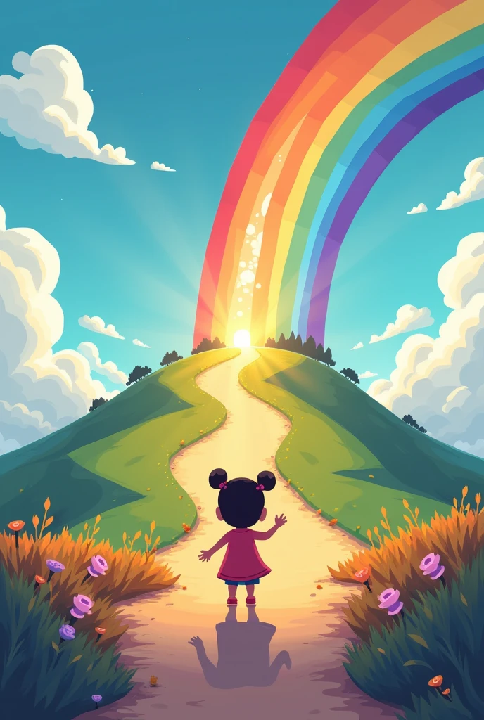 Cartoon style drawing of A arriving at a hill that appears to touch the sky. At the top, a rainbow descends to the ground, and in the center of the rainbow, the lost flower shines brightly, reflecting all the colors.