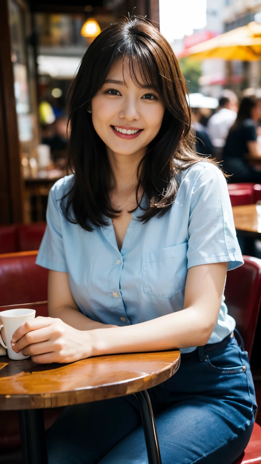 8k wallpaper, masterpiece, Highest quality, Very detailed, One Mature Woman, 50 years old, Become very clear, Wearing a spring-like shirt, Skin dents, Captivating smile, Looking at the audience, , Plump, Curvaceous, Attractive face, Smiling with teeth showing, I was happy, sitting in a cafe, Background Blur
