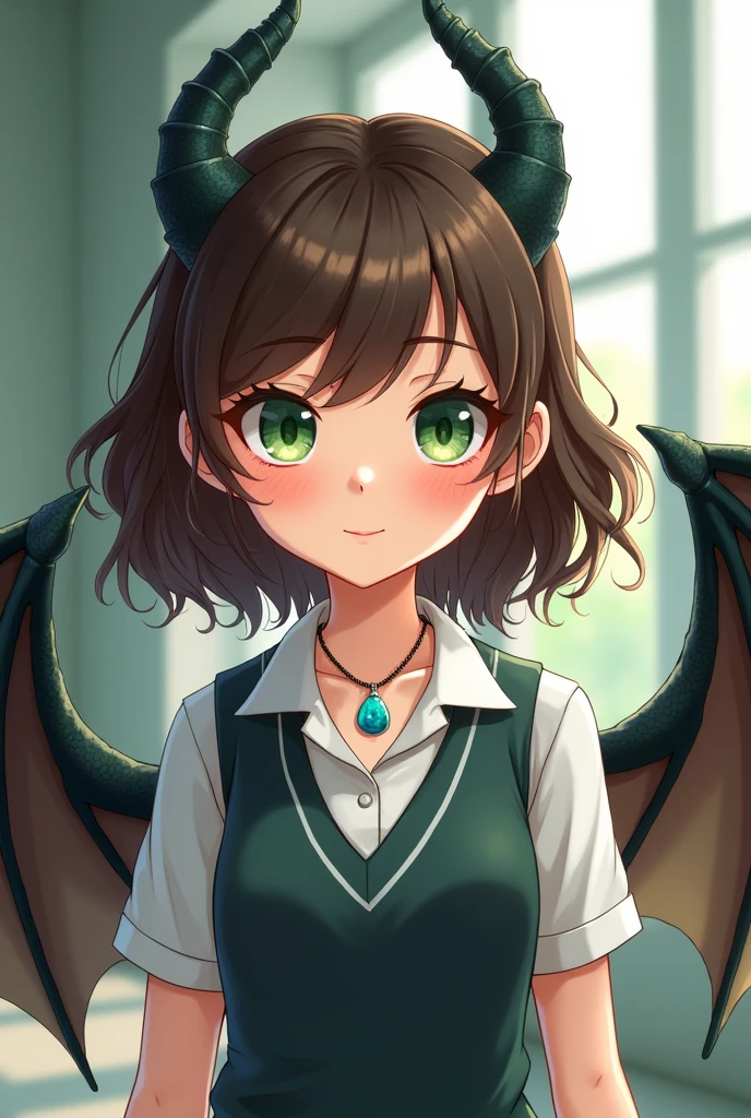 cartoon style a girl with fair skin and green eyes and medium short brown hair with a school vest and a necklace with a cyan stone and black dragon wings