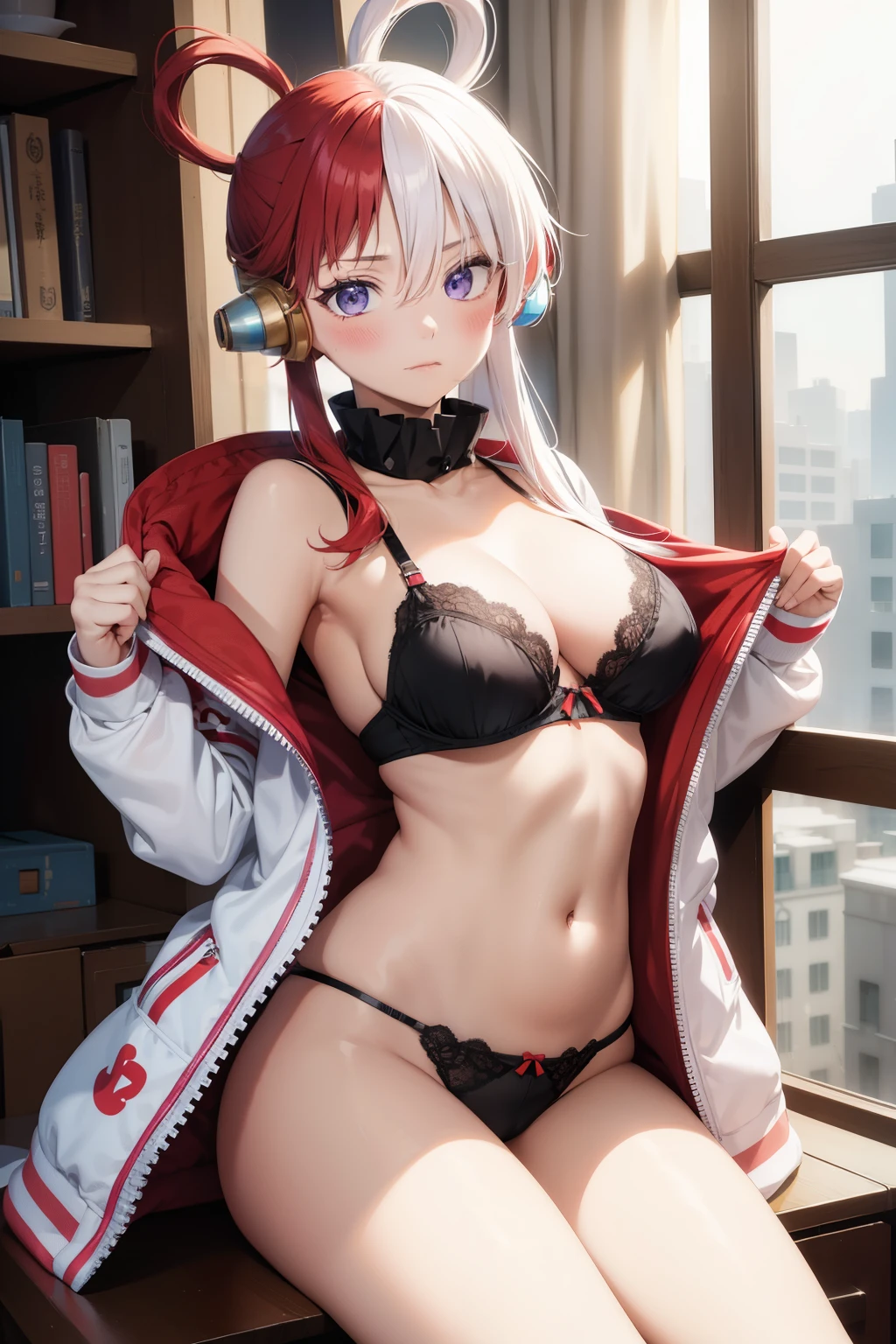 Uta , 1girl , anime , masterpiece  , red and white  hair, jaqueta aberta open clothes ,medium  breasts  ,bra,  pantie  , socks ,  shy face ,blush , belly button piercing