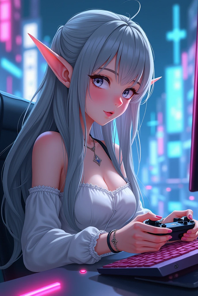 Anime girl with gray hair elf gamer