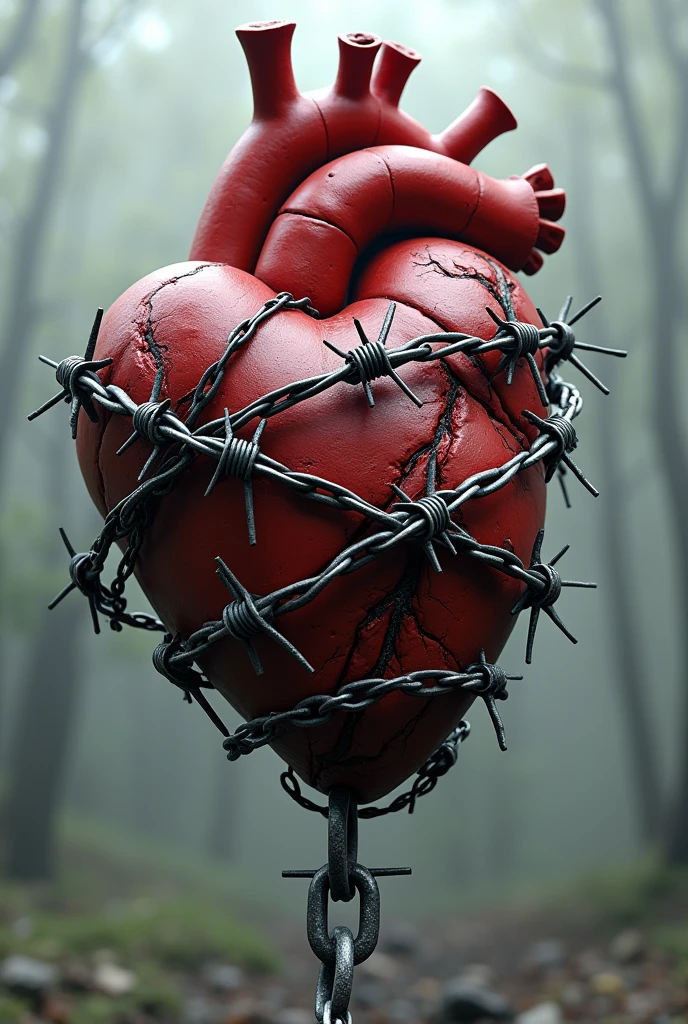 Heart wrapped in barbed wire and chains but the chain is broken