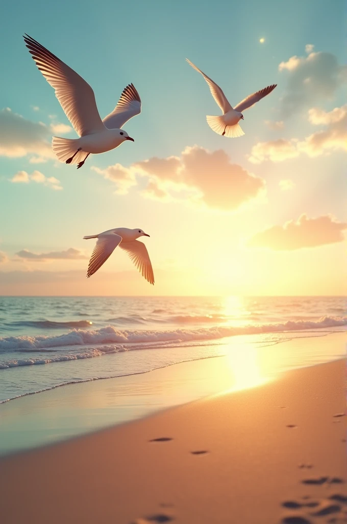 Photorealistic HD image of sunset on a beach with seagulls