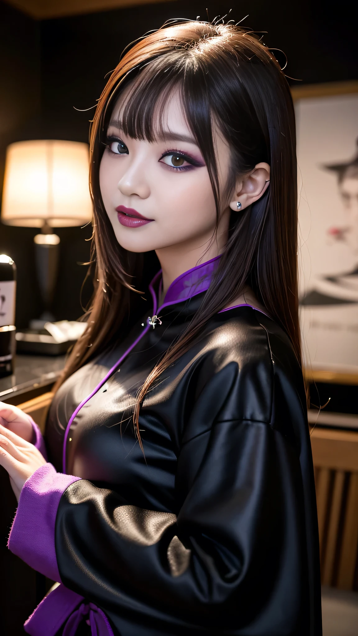 best quality、ultra-detailed、8k、Japanese、Japanese、Seductive beauty、seductive adult woman、Pretty Woman、cool girl、smirk、Wicked Smile、Villainess、brainwash makeup、Brainwashed、brainwash、Fallen into evil、Evil look、evil、Brown hair、wavy hair、swept bangs、dark makeup、piercing eyes、hollow eyes,half-closed eyes、Hollow Eyes、purple Eyeshadow、black lipstick、black lipglos、Purple Eyeshadow、black lipstick、black lip gloss、Dark Makeup、smirk、Whisper in my ear、Evil look、long black cheongsam、Wide sleeves、pantyhose、night、inside darkroom、Kiss、I have lipstick、Are standing、Look、Offer、shoot from below、Connected by many cords