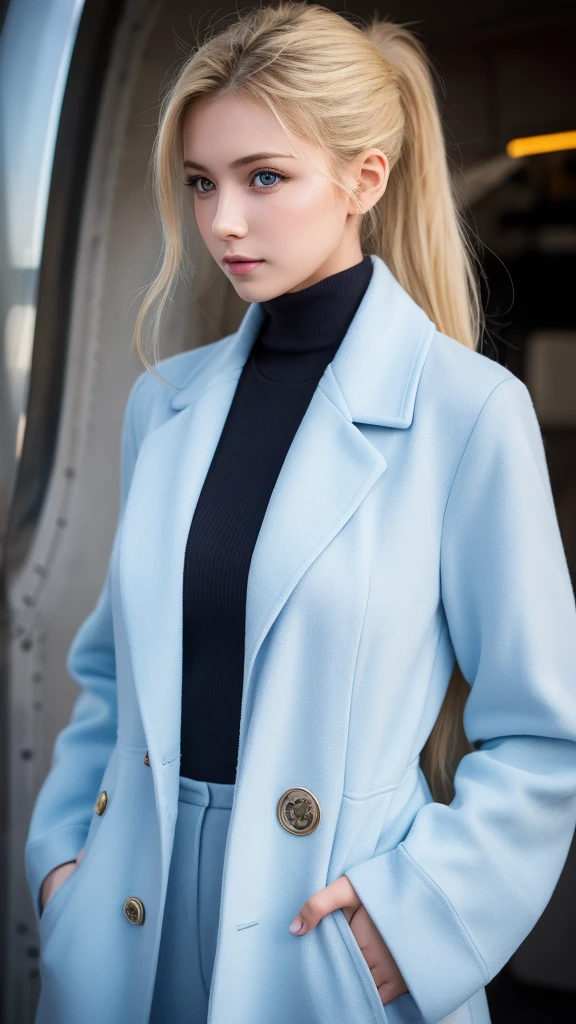 High resolution,woman,Ukrainian beauty,Small breasts,Blonde,ponytail,Bang bang,Light blue eyes,White skin,Age 27,Long face,High nose,In formal attire,uniform,White coat,Dark look,warship,ship aircraft carrier, Futuristic, sf, warplane, space, war