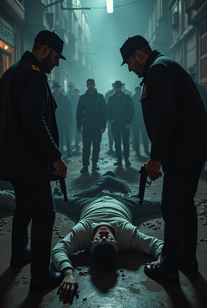 Policemen checking the lifeless bodies of a gang shot down on the ground. The policeman checking has a gun