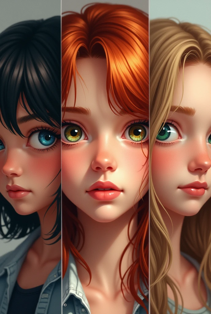 A black-haired teenager with blue eyes, a teenager with wavy copper hair and honey-colored eyes and a teenager with blond hair and green eyes