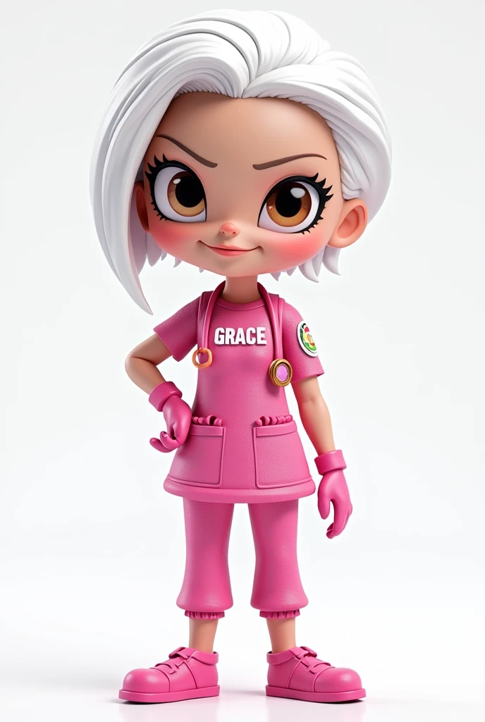 Barbie CARTOON style intimidating look short white hair brown eyes white skin and pink doctor outfit with a name on her outfit which is GRACE  ,pink shoes pink gloves