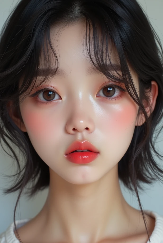 Korean with Jimin's face with a slightly effeminate appearance with big eyes, swollen eyelids, full red lips