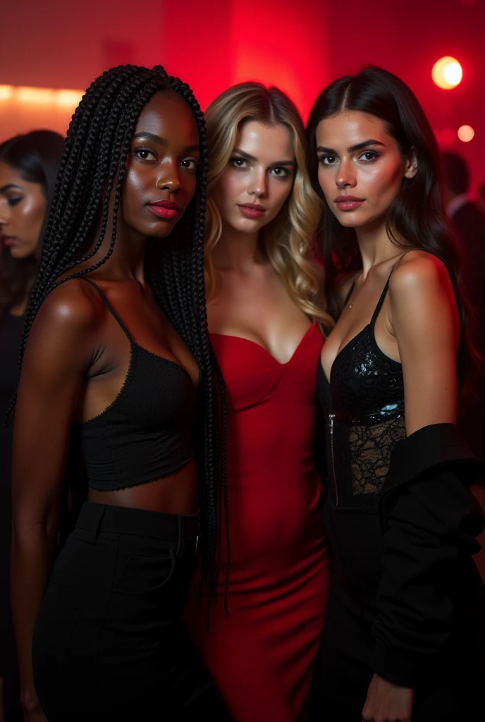 Here is a detailed description for the image: Three women are in the spotlight, similar in appearance to the photos you provided. They are at a party with a predominantly black and red background., with subtle lighting to highlight the sophisticated nocturnal atmosphere. Ao fundo, there are other people visible, but blurred, to keep the main focus on the three women. 1. The first woman, with dark skin and braided hair that falls to the side, wears a stylish top and a high-waisted skirt, in dark tones. 2. The second woman, with fair skin and curly blonde hair, wears a red dress with a black jacket 3. The third woman, with olive skin and straight, dark brown hair, wears a black corset, combined with a long skirt or pants that brings a touch of elegance. They all have dark brown eyes, long hair and a delicate face, Soft, all three are 20 year olds. The scenery in the background suggests a sophisticated party, with diffused lights and an elegant atmosphere, where red and black tones predominate in the decoration.