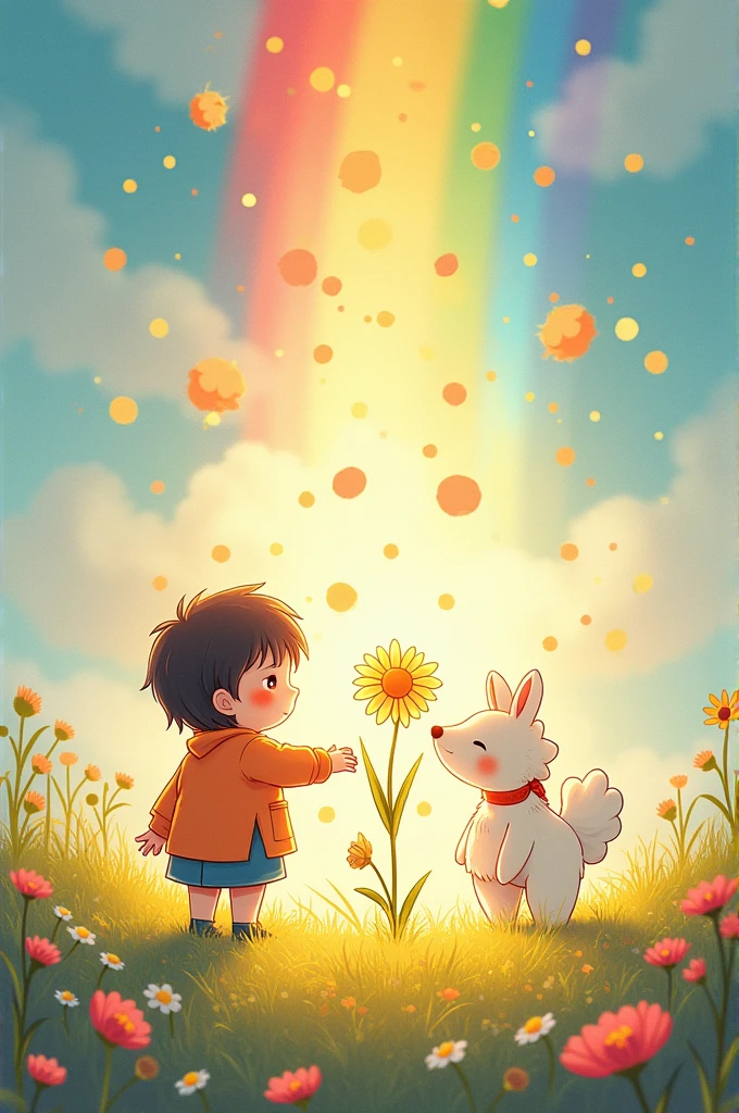 Cartoon style drawing of Carefully, comes closer and touches the flower. In doing so, the rainbow dissolves into a shower of colors, and the flower shines brighter than ever in your hands.