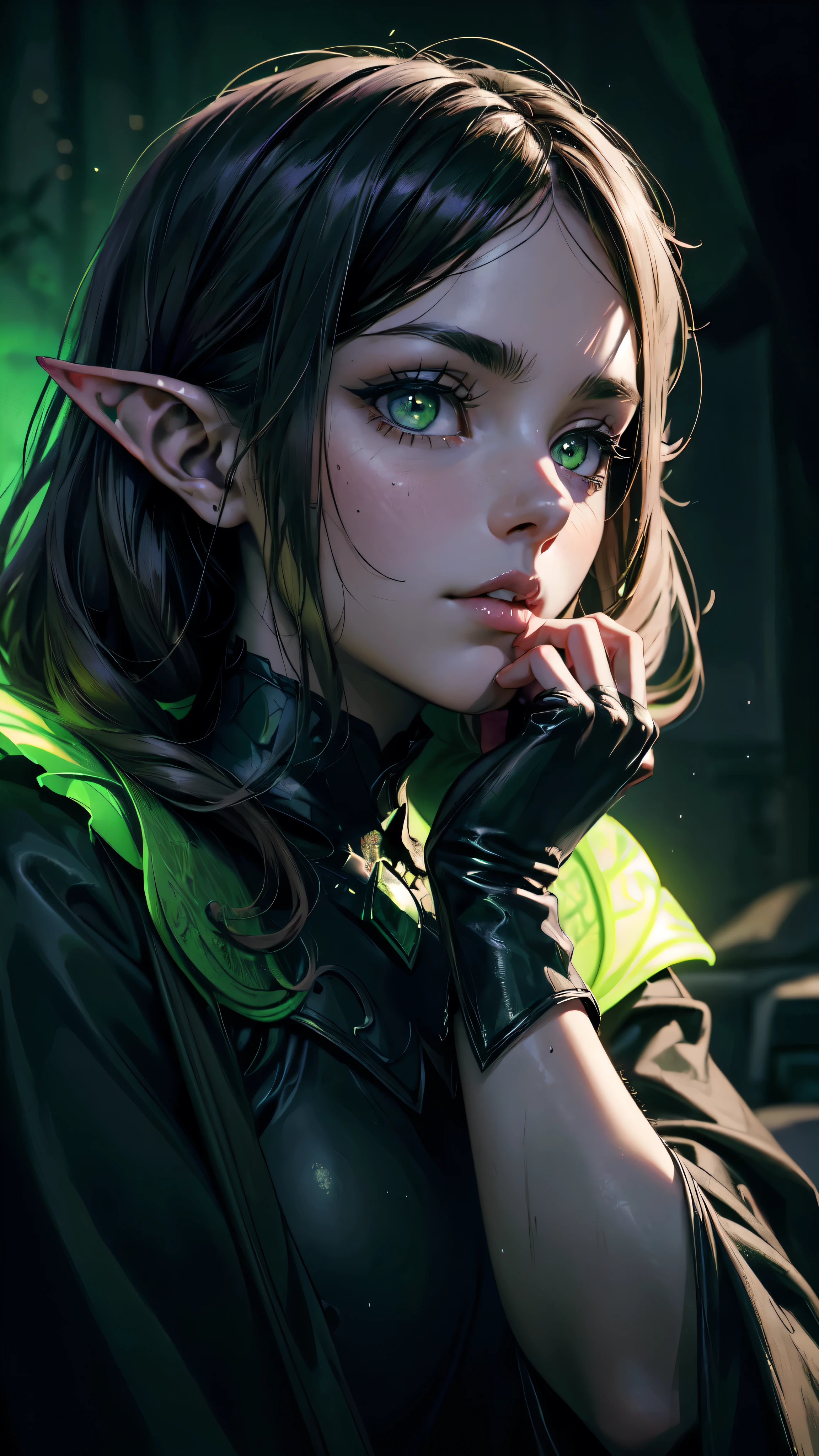 ((Close-up portrait of a girl with green eyes)), with glowing purple eye light, Violet luminous rays, dark fantasy portrait, Portrait in profile, (Cheeky face). Dark Fantasy, realistic 4k digital art, realistic 4k digital art, dark fantasy portrait, Dark Fantasy Digital Art, (Dark), But detailed digital art, sexy girl with green eyes, ((Gloomy color scheme:1,5)), 4k detailed digital art, Green glowing eyes, (NSFW), (A very dark room, little light, Low visibility)). (Strong shadow:1,6). twilight.detailed eyes, detailed hands,elf woman, detailed HANDS