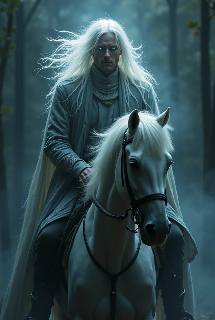 Mounted on a horse was a man with loose, wild hair as white as a moonbeam and slender, and silver eyes that pierced the darkness.