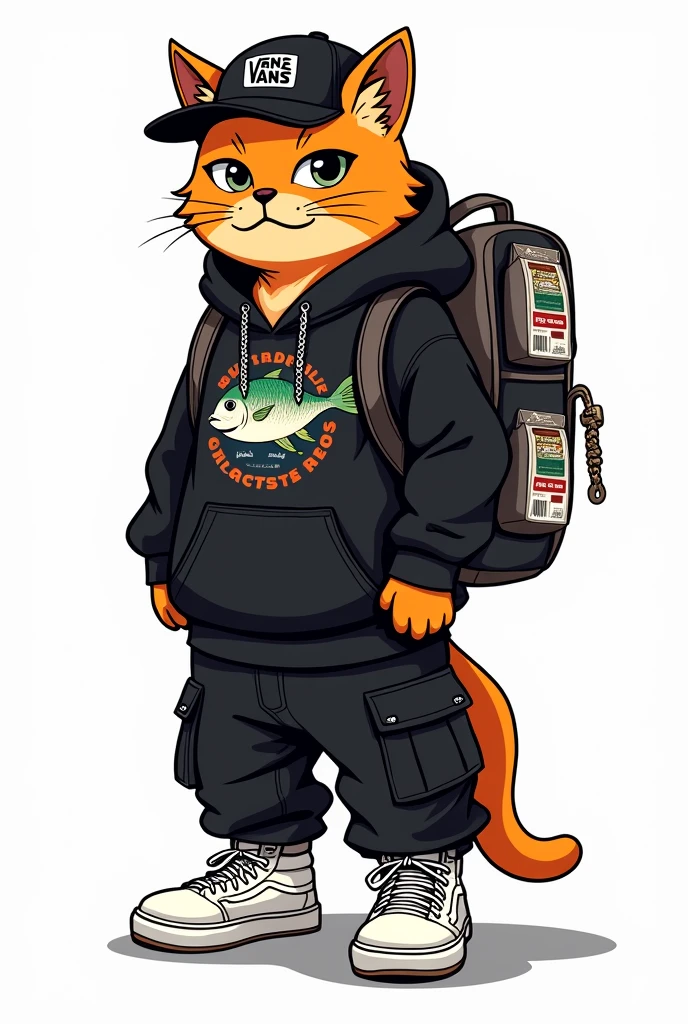 design, print, illustration, cartoon, dtf, sublimation, create the design of a cat, the cat has orange hair, has a lot of urban style and is dressed in streetwear clothing, he is wearing a black hoodie. "In its center it has a sublimated skate-type fish", he wears black cargo pants with chains in its pockets giving a more urban touch, on his head a black cap with a number "222" logo, his sneakers are white vans sk8 classic skater style, he carries a backpack on his back with milk carton prints, he wears earrings and a piercing in his eyebrow, the background is solid white, the edge outline of the cat is black.