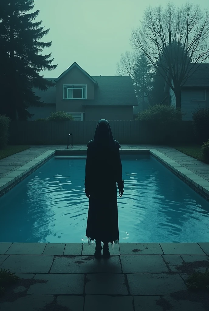 Make me a poster for a horror short film with a swimming pool