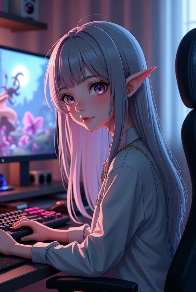 Anime girl with gray hair elf gamer
With cute face 18year old