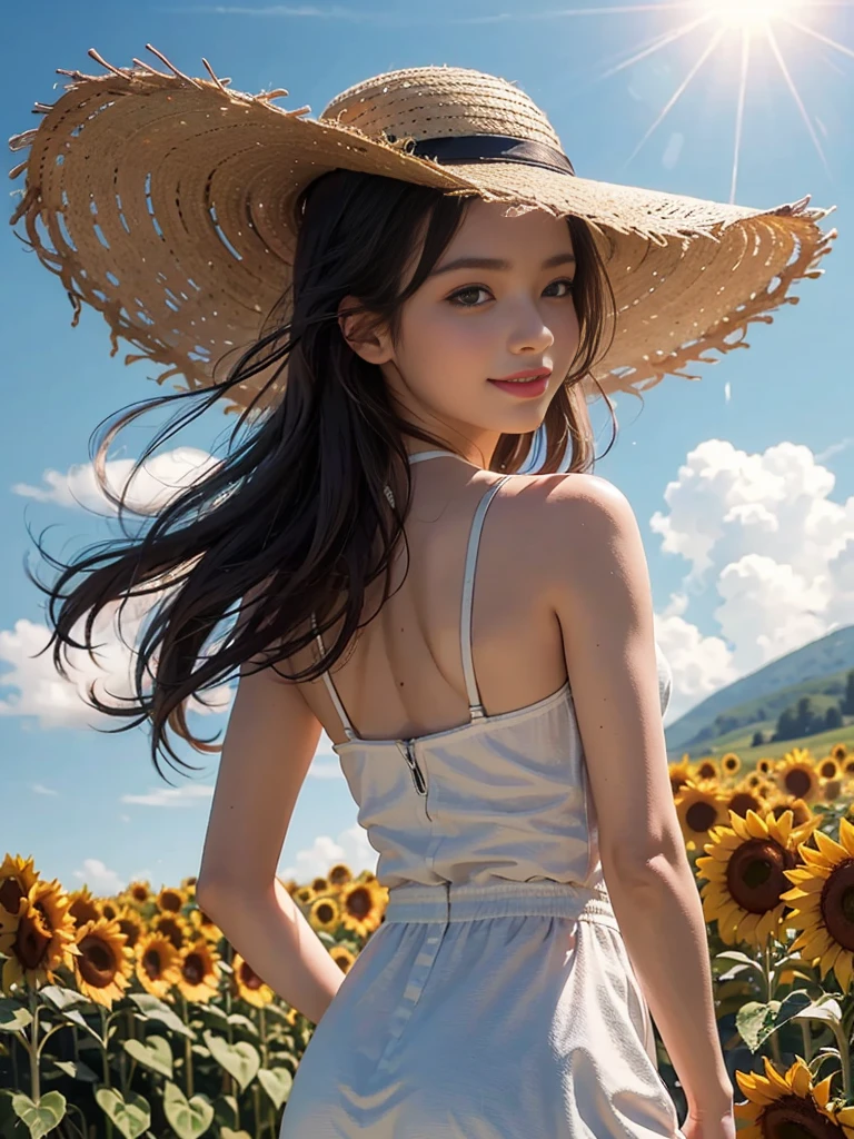 Unbeatable masterpiece, Ultra photo realsisim, Perfect artwork, Intricate details, Best quality, Strong light,High contrast, Sunflower field , cute kawaii girls ,(Sweat:0.5) , arms back behind , White knee-length camisole dress , Straw hat , Smile,Strong light , Sunlight , Wind , Summer sky ,incoming , Attack , Magic effects , Fireworks .light bloom , Lens flare , (far from viewer:1.1), High quality , Best , high resolution , best qualtiy , Award-Awarded , Highly detailed .ultra extreme details , Masterpiece ,