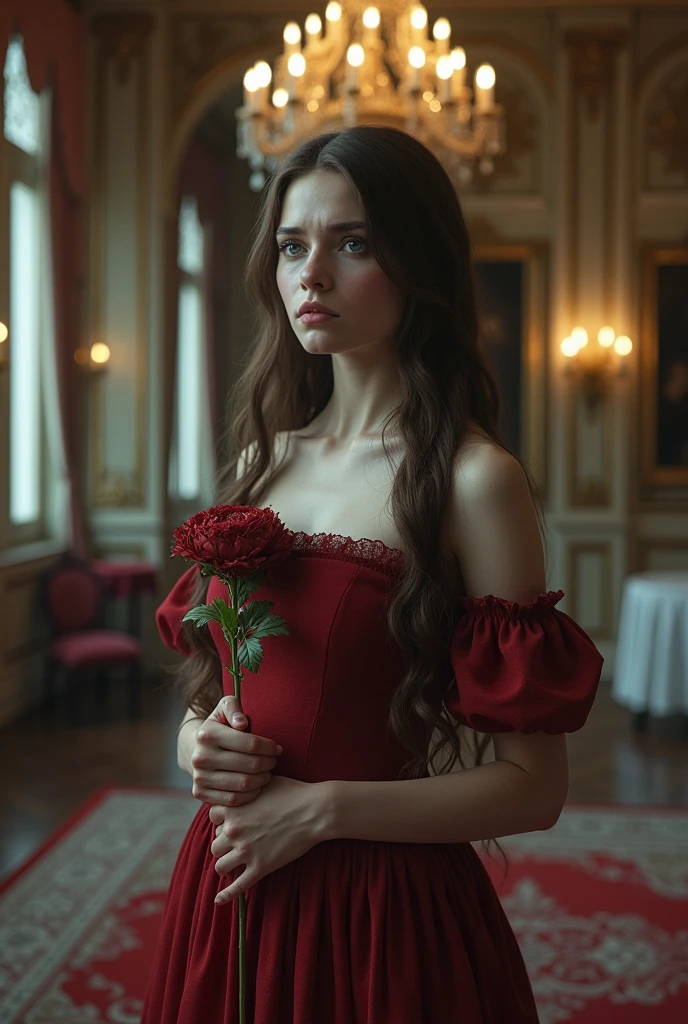 Aristocratic girl, brown hair, blue eyes, White skin, with a serious expression with a tear coming out of his right eye, holding a wilted flower, with blood, in a large ballroom