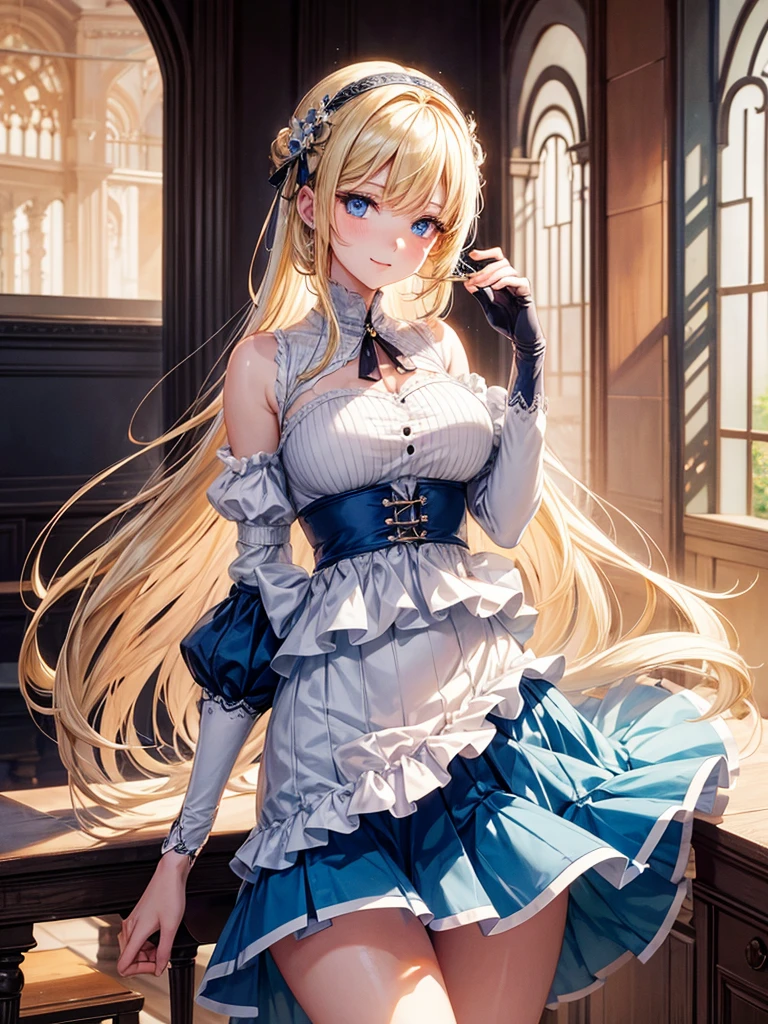 Anime style, super fine illustration, highly detailed, beautiful detailed, pale tone image, static representation, gentle expression, 8k, pretty 1girl with blonde straight short hair & blue eyes & a bright smile & full bust & soft fair skin is wearing big white business shart not to show her skin & black tight skirt in the cafe, for drinking ice coffee, in the evening, brilliant particles of lights, romantic stories, solo, perfect 5fingers, perfect arms, perfect legs, masterpiece.