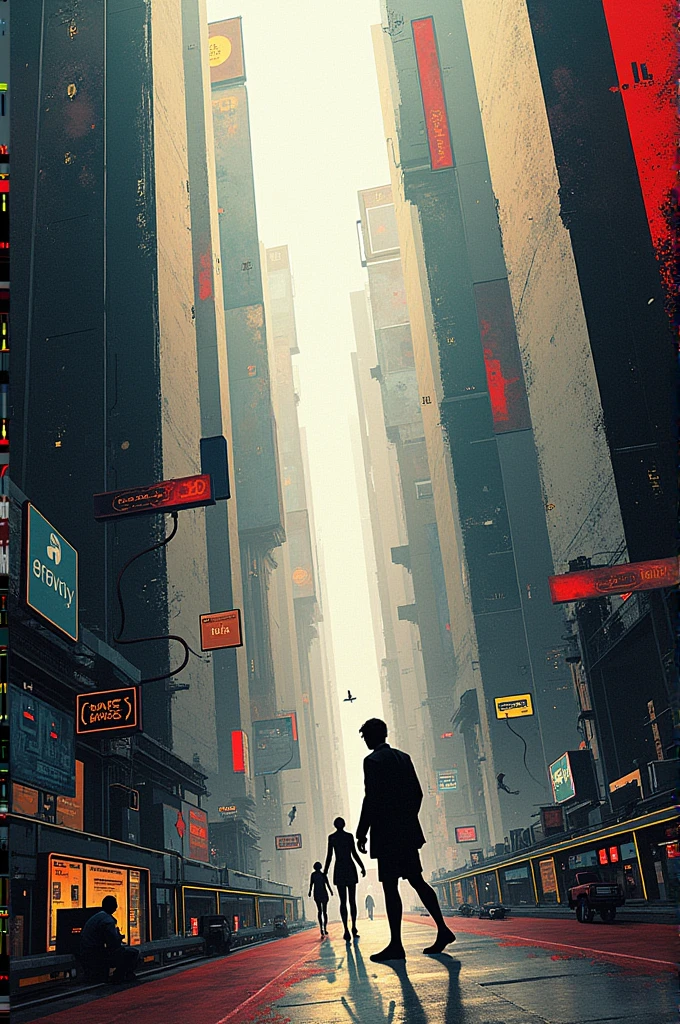 I want to create a drawing with avant-garde futurism on the theme of social problems with the Internet.
