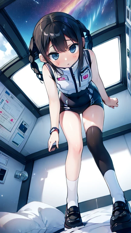 (Highest quality), (masterpiece), 1080P, High resolution, 4K, 8k, Inside the space station、Futuristic room、Thigh straps, Shooting from directly below, The woman on top of me, 白いSweat, Covered , Sweat, Woman looking down, Skirt swimsuit, Thigh-high socks, To achieve this, 16 years old, , whole body, Black leather shoes, Braided hair, Inner Color, Embarrassed face, Short black hair, bracelet, Bedroom,celestial body_Vest