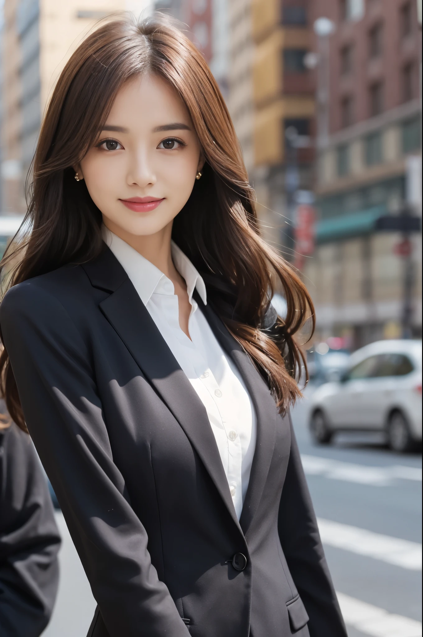 Tabletop、Highest quality、Genuine、Very detailed、finely、High resolution、8k wallpaper、One beautiful woman、、、light brown disheveled hair、Wear a business suit、Sharp focus、Perfect dynamic composition、Beautiful and detailed、Thin Hair、詳細なGenuineな肌の質感、smile、Close-up portrait、Model body type