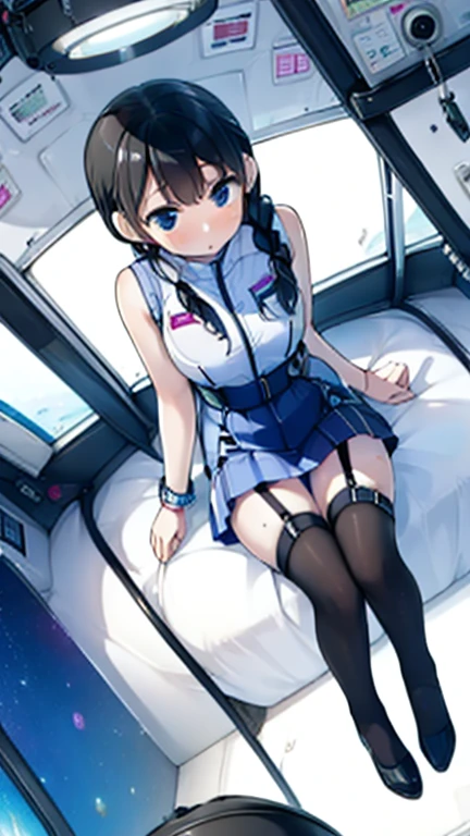 (Highest quality), (masterpiece), 1080P, High resolution, 4K, 8k, Inside the space station、Futuristic room、Thigh straps, Shooting from directly below, The woman on top of me, 白いSweat, Covered , Sweat, Woman looking down, Skirt swimsuit, Thigh-high socks, To achieve this, , , whole body, Black leather shoes, Braided hair, Inner Color, Embarrassed face, Short black hair, bracelet, Bedroom,celestial body_Vest