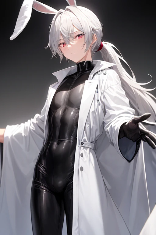 A boy of about 19 years old with white wavy hair gathered in a ponytail on top of his head has rabbit ears, his skin is light and his eyes are bright red. He is dressed in a black bodysuit without shoulders and a stretched robe on top, the body is athletic.