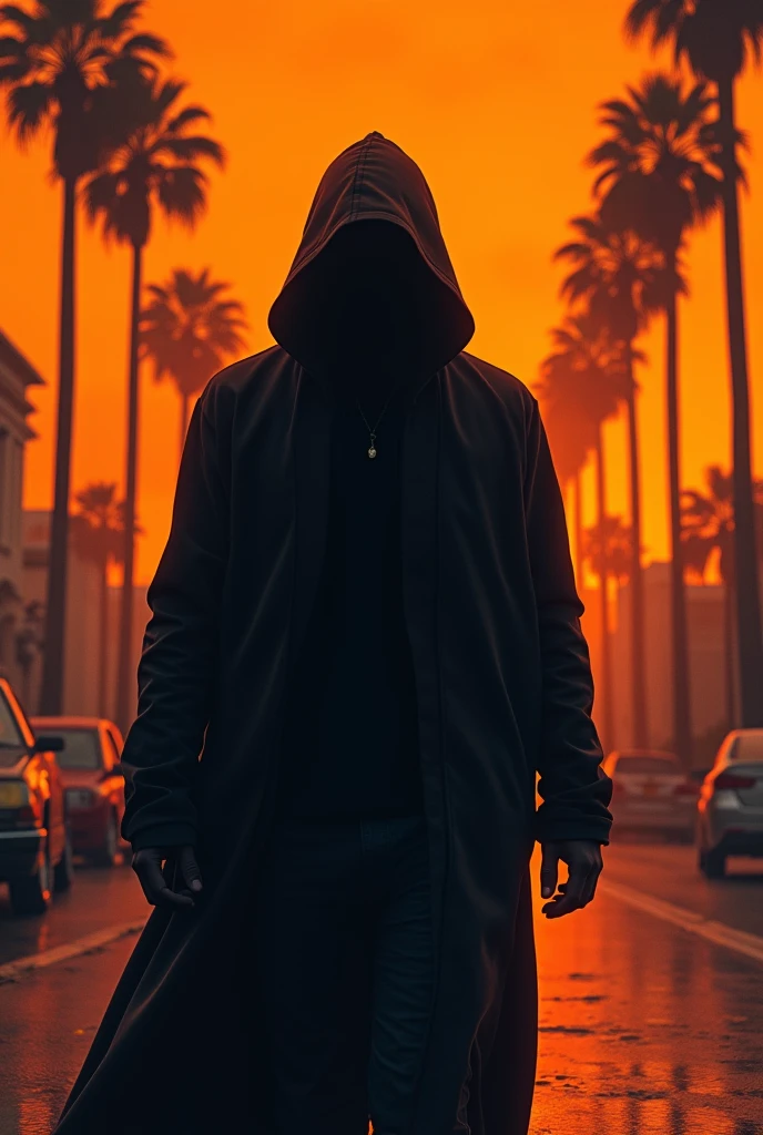 Male human figure with a hood as if he were a shadow walking through Los Angeles 2007 between palm trees with an orange vaporwave background and ABOVE SAYING 00s