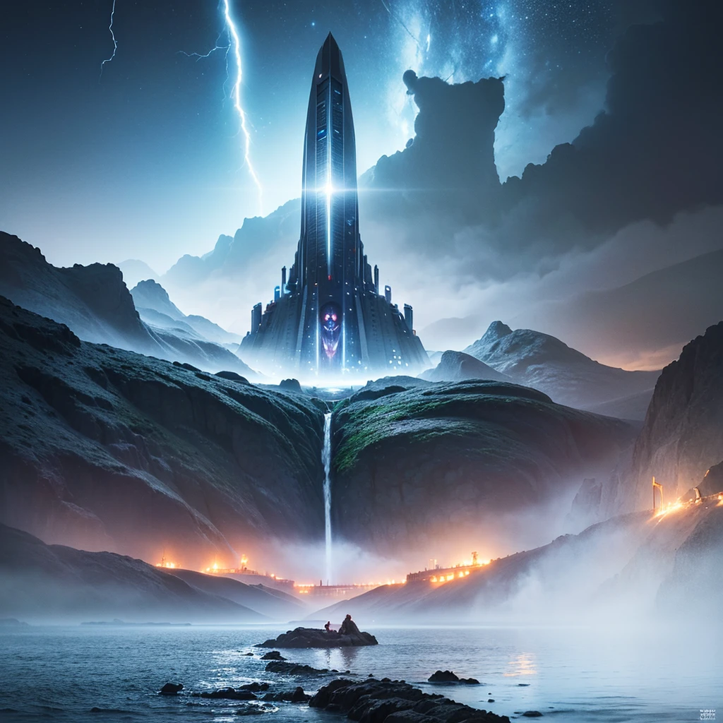 (8k, highest quality, masterpiece, final fantasy style: 1.2), (unRealistic, photoRealistic: 1.37), Dreamy landscape, Fantasy, Unsurreal landscapes, Super detailed, Flying Castle, Floating Island in the Sky, Seven-colored swirl of light, Intense lightning, milky way, Complex Light, Colored light, Large Lake, Starry sky reflected on the lake surface, Countless shining stars, Meteors,  Reflections , (A pillar of light emanated from the ground:1,2), roses and orchids gardens , sunset, pink clouds, waterfalls in the sky, realistic style, Hyperrealism drawing, a flying pirate spaceship floating at the clouds level, burning skyscrapers, cyborgs, timeless realms, stunning  princess  ,  casting spell, healing light magic effect, in a magical lagoon of the fairyland, crystal clear water surface reflections, sharp focus, looking at viewer, (close-up:0.9), (bright white theme:1.2), (bright white tone:1.2), (deep blue tone:1.3),((( realistic, Hyperrealism, vivid colours , landscapes , alien cyborgs , science fiction themes))), (((2 humanoid stunning female cyborgs posing )))