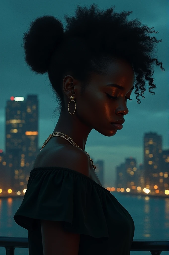 Créer l'image pour le couverture de mon roman, qui montre une tres belle fille noire africaine mais triste , la nuit dans une ville