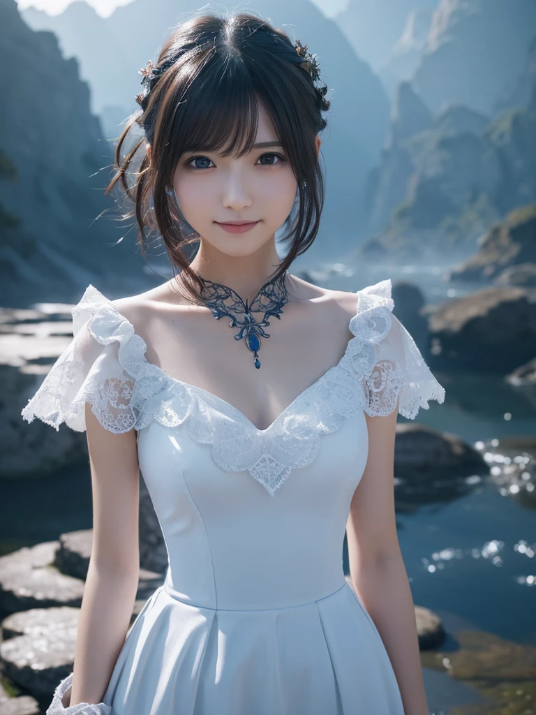 head shot,beautiful detailed eyes, droppy eyes,beautiful detailed lips, extremely detailed eyes and face, long eyelashes, 1 japanese girl, fantasy character, (Final Fantasy, yuuna),smile,short hair,elegant white dress,break, blue long skirt,break,magical girl, highly detailed, fantasy landscape, dramatic lighting, glowing effects, mist, intricate details, volumetric lighting, cinematic composition, hyper realistic, 8k, best quality, masterpiece, photorealistic,Highres fix