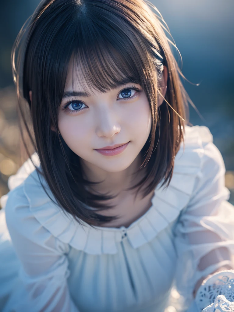 head shot,beautiful detailed eyes, droppy eyes,beautiful detailed lips, extremely detailed eyes and face, long eyelashes, 1 japanese girl, fantasy character, (Final Fantasy, yuuna),smile,short hair,elegant white dress,break, blue long skirt,break,magical girl, highly detailed, fantasy landscape, dramatic lighting, glowing effects, mist, intricate details, volumetric lighting, cinematic composition, hyper realistic, 8k, best quality, masterpiece, photorealistic,Highres fix