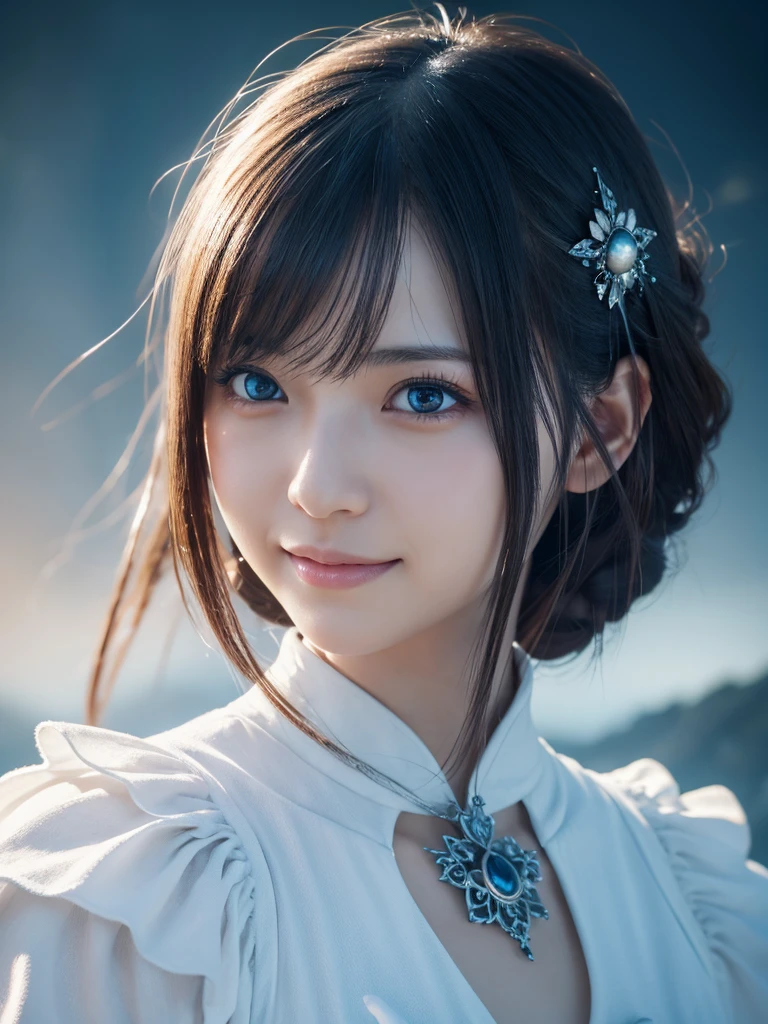 head shot,beautiful detailed eyes, droppy eyes,beautiful detailed lips, extremely detailed eyes and face, long eyelashes, 1 japanese girl, fantasy character, (Final Fantasy, yuuna),smile,short hair,elegant white dress,break, blue long skirt,break,magical girl, highly detailed, fantasy landscape, dramatic lighting, glowing effects, mist, intricate details, volumetric lighting, cinematic composition, hyper realistic, 8k, best quality, masterpiece, photorealistic,Highres fix