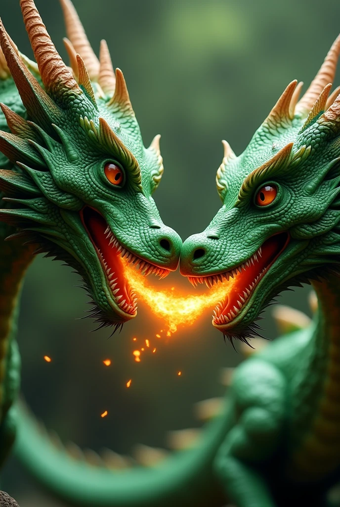 high definition image of two equal heads of green dragon, one on the top left and one on the bottom right, one spitting fire into the other&#39;s mouth, 8k.