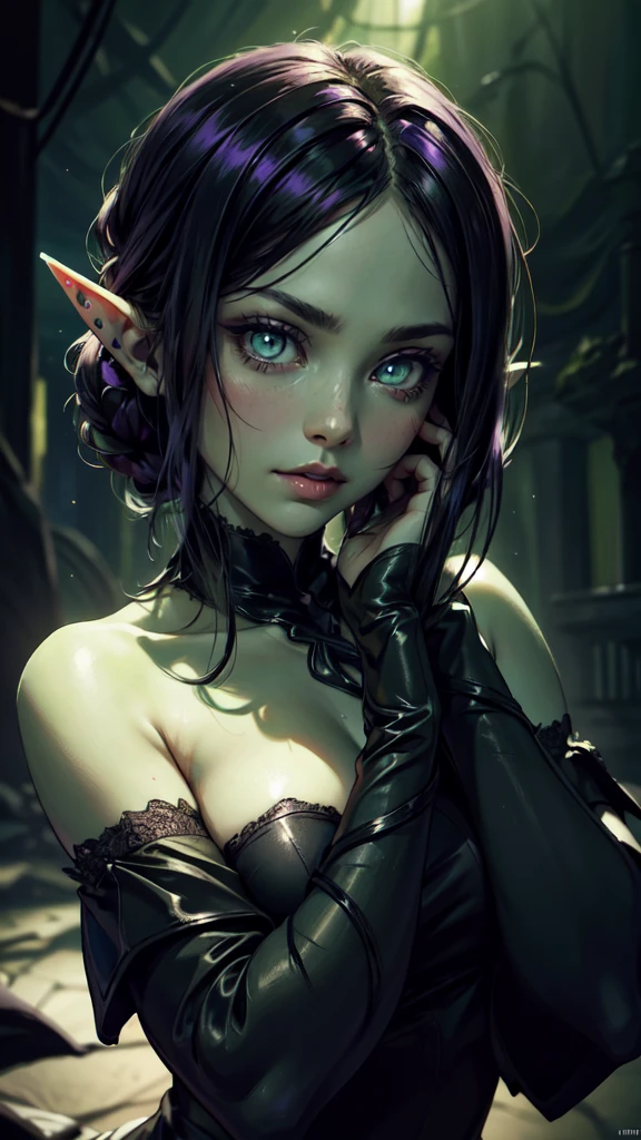 ((Close-up portrait of a girl with green eyes)), with glowing purple eye light, Violet luminous rays, dark fantasy portrait, Portrait in profile, (Cheeky face). Dark Fantasy, realistic 4k digital art, realistic 4k digital art, dark fantasy portrait, Dark Fantasy Digital Art, (Dark), But detailed digital art, sexy girl with green eyes, ((Gloomy color scheme:1,5)), 4k detailed digital art, Green glowing eyes, (NSFW), (A very dark room, little light, Low visibility)). (Strong shadow:1,6). twilight.detailed eyes, detailed hands,elf woman, detailed HANDS