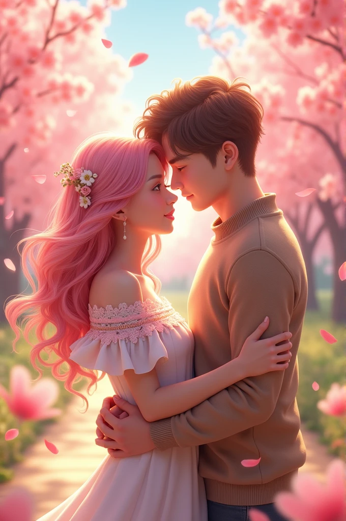 2 people, couple, (1 girl beautiful young, Light pink hair, brown eyes, pink and white, sakura leafs, vivid colors, white dress, paint splash, ray tracing, wavy hair, little smile), (1 boy handsome young, light brown hair, cut hair, silver eyes, vivid colors, brown sweater, little smile), garden sakura background, hugging