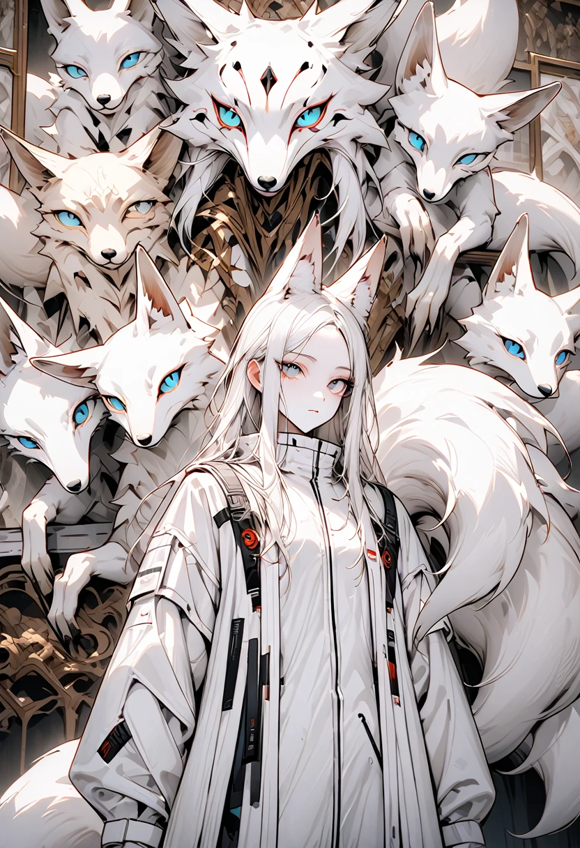 best qualityer，work of art，Laboratory Suits，White coat，(fox facial features，Physical characteristics of a fox，Shoulder length hair)，small stature，，((white body，White arms，pernas brancas，eye white, white fox tail))，laboratory background