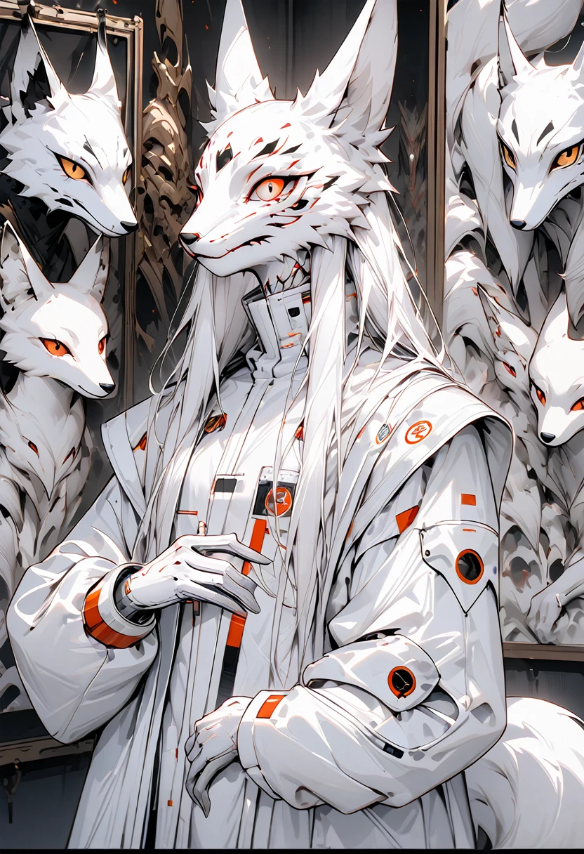 best qualityer，work of art，Laboratory Suits，White coat，(fox facial features，Physical characteristics of a fox，Shoulder length hair)，small stature，，((white body，White arms，pernas brancas，eye white, white fox tail))，laboratory background