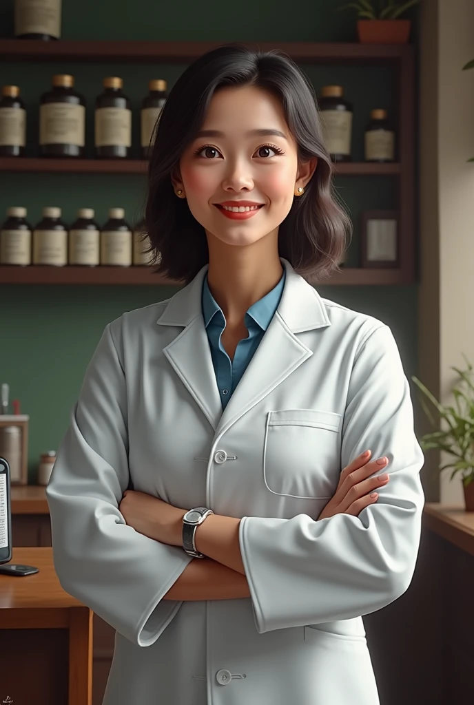 Portrait of a Vietnamese pharmacist with shoulder-length hair standing and speaking directly