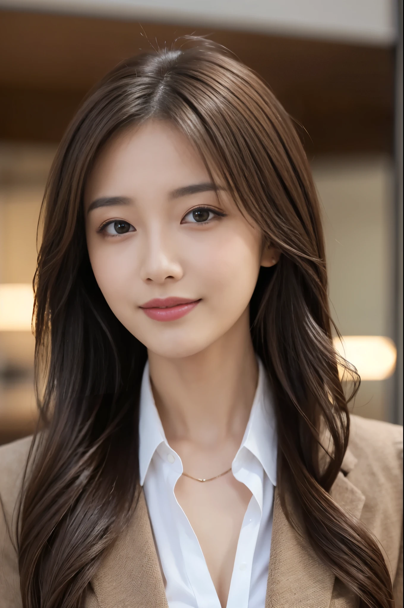 Tabletop、Highest quality、Genuine、Very detailed、finely、High resolution、8k wallpaper、One beautiful woman、、、light brown disheveled hair、Wear a business suit、Sharp focus、Perfect dynamic composition、Beautiful and detailed、Thin Hair、詳細なGenuineな肌の質感、smile、Close-up portrait、Model body type