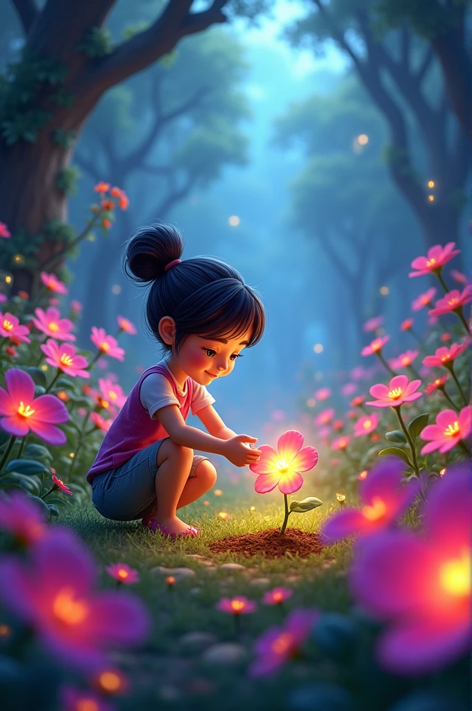 Cartoon style drawing of A returns to his garden and plants the flower back in its place. The whole garden starts to glow, with the colors of the rainbow spreading across all the flowers around.