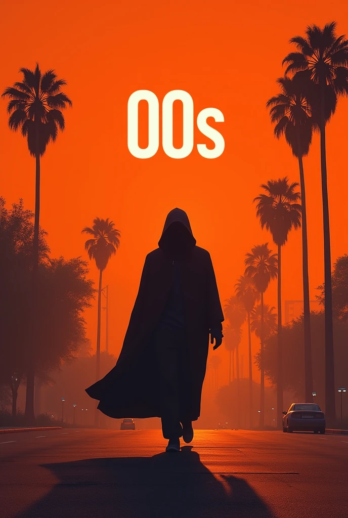 Male human figure with a hood as if he were a shadow walking through Los Angeles 2007 between palm trees with an orange vaporwave background and ABOVE SAYING 00s