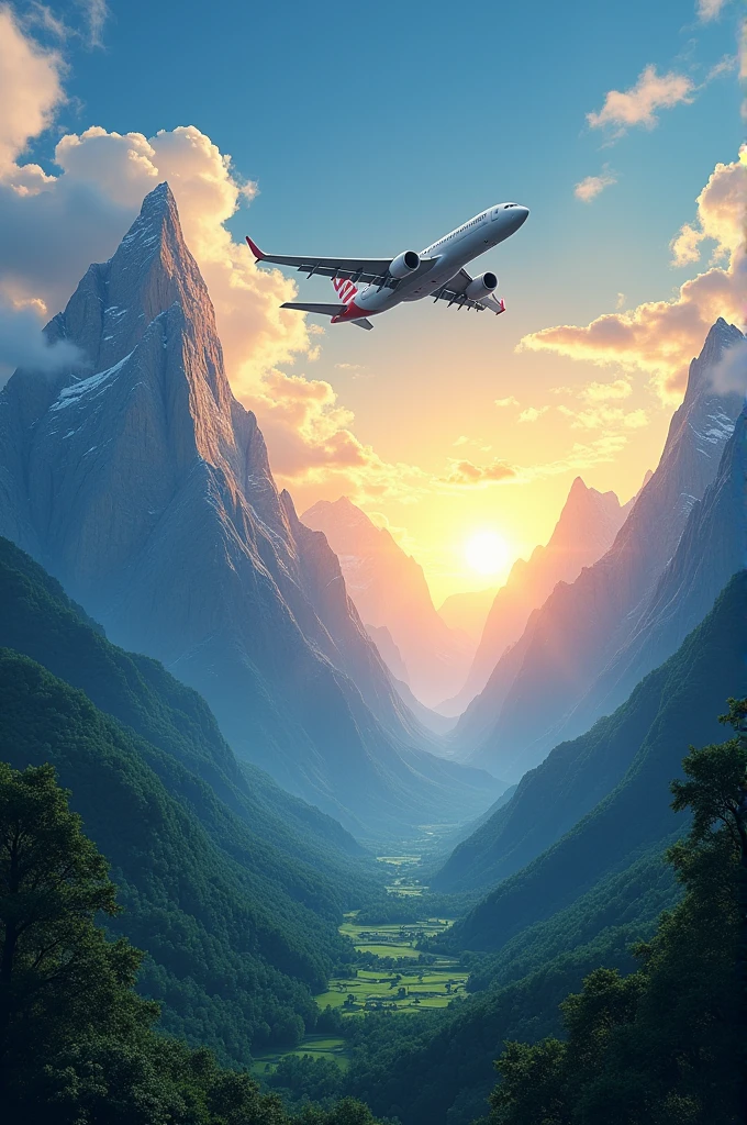 Rising sun between mountain full beautiful scenery aeroplane flying in sky
